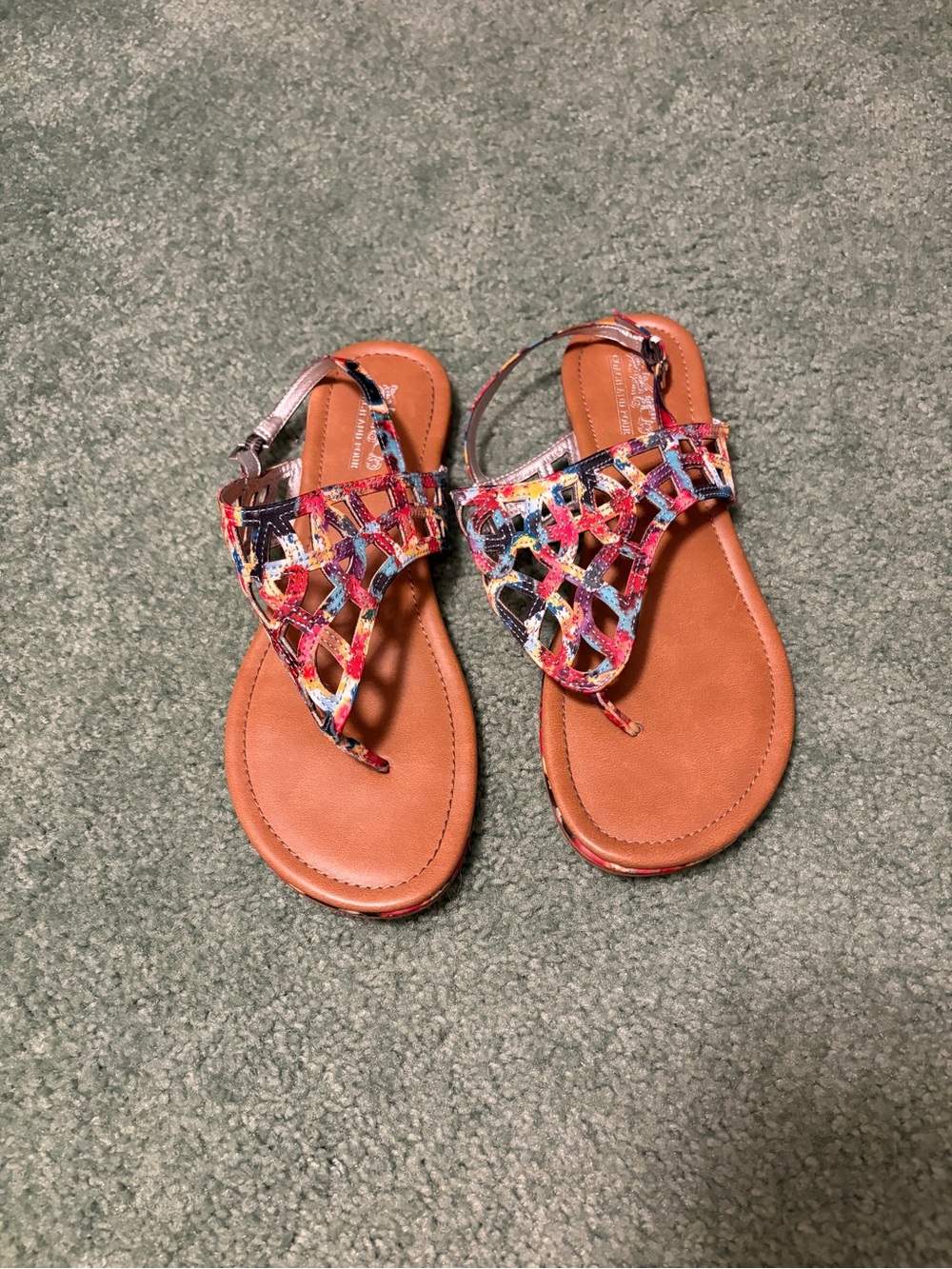 Coach and Four Multicolor Woven Leather Toe-Post Sandals with Tan Footbed